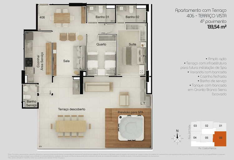 Apartamento com Terraço 406 - TERRAÇO VISTA 4º pavimento 133,54 m²